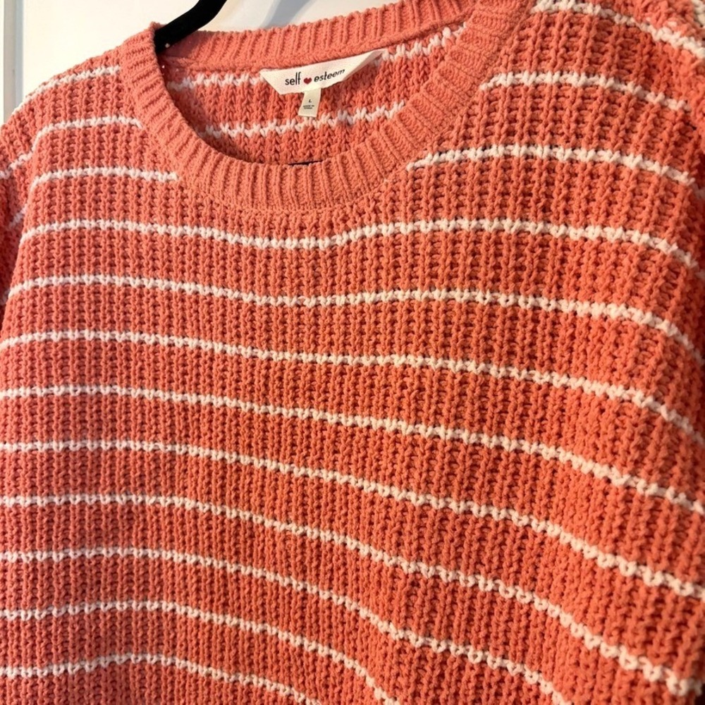 Self Esteem L Chenille Striped Cropped Pullover Sweater Coral White Coastal Chic - Picture 4 of 14